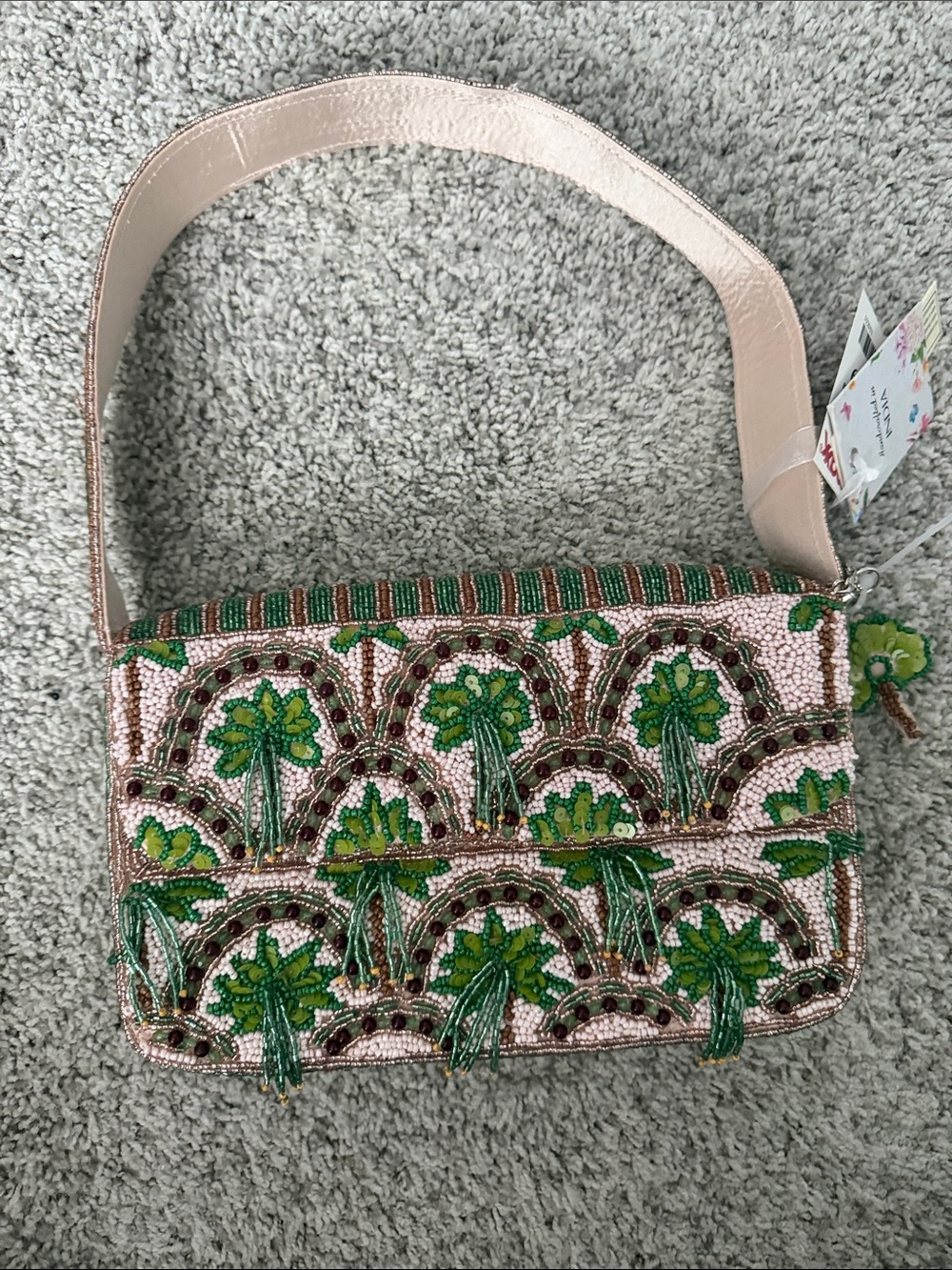 Beaded Pink and Green Floral Shoulder Bag